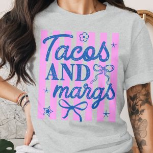 Tacos And Margs T-Shirt, Bachelorette Party Shirt, Girls Trip Tee, Margarita Lover Gift, Funny Foodie Pink Stripe Y2K Aesthetic Tee