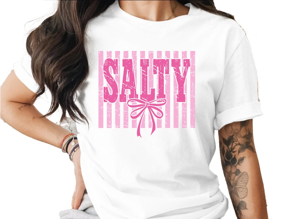 Salty T-Shirt, Pink Salty Tee with Faux Distressed Bow, Sassy Girly Graphic Top, Coquette Aesthetic Shirt, Cute Humorous Gift for Her