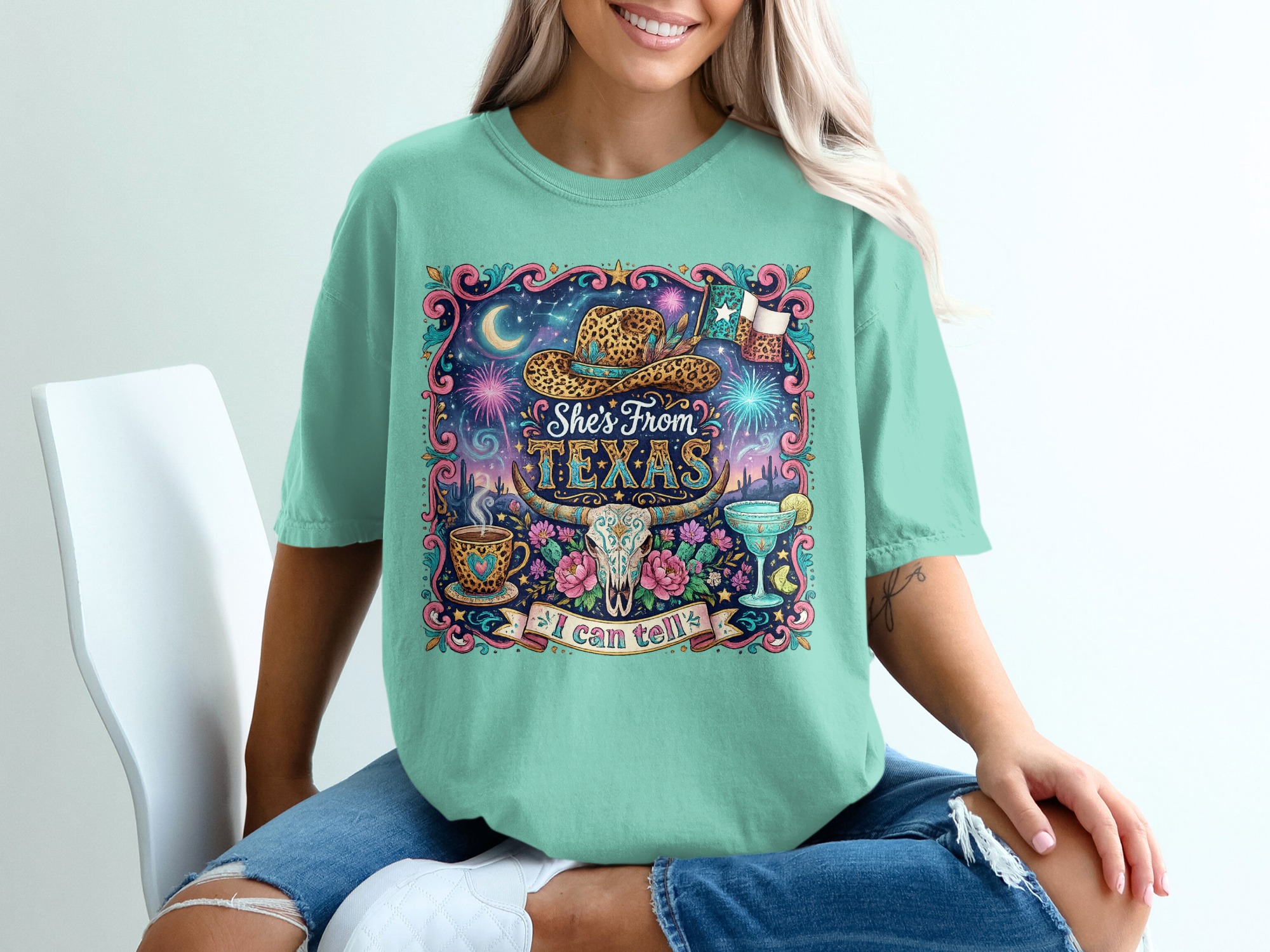 She's From Texas T-Shirt, Western Boho Cowgirl Tee, Texas Pride Gift for Her, Leopard Print Cowboy Hat Longhorn Skull Desert Shirt - Image 10