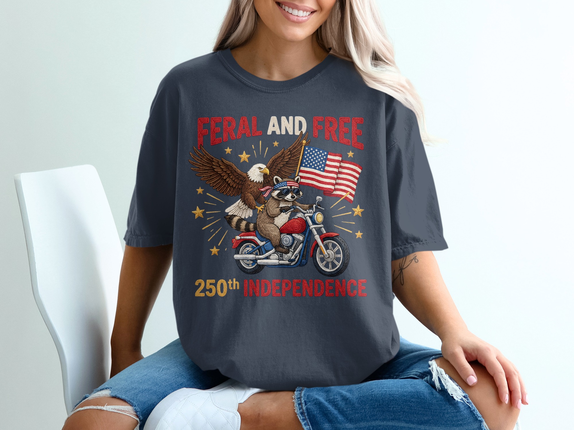 Feral and Free 250th Independence Day T-Shirt, Patriotic Raccoon Eagle Motorcycle Tee, American Flag Biker Freedom Shirt, July 4th Gift - Image 12