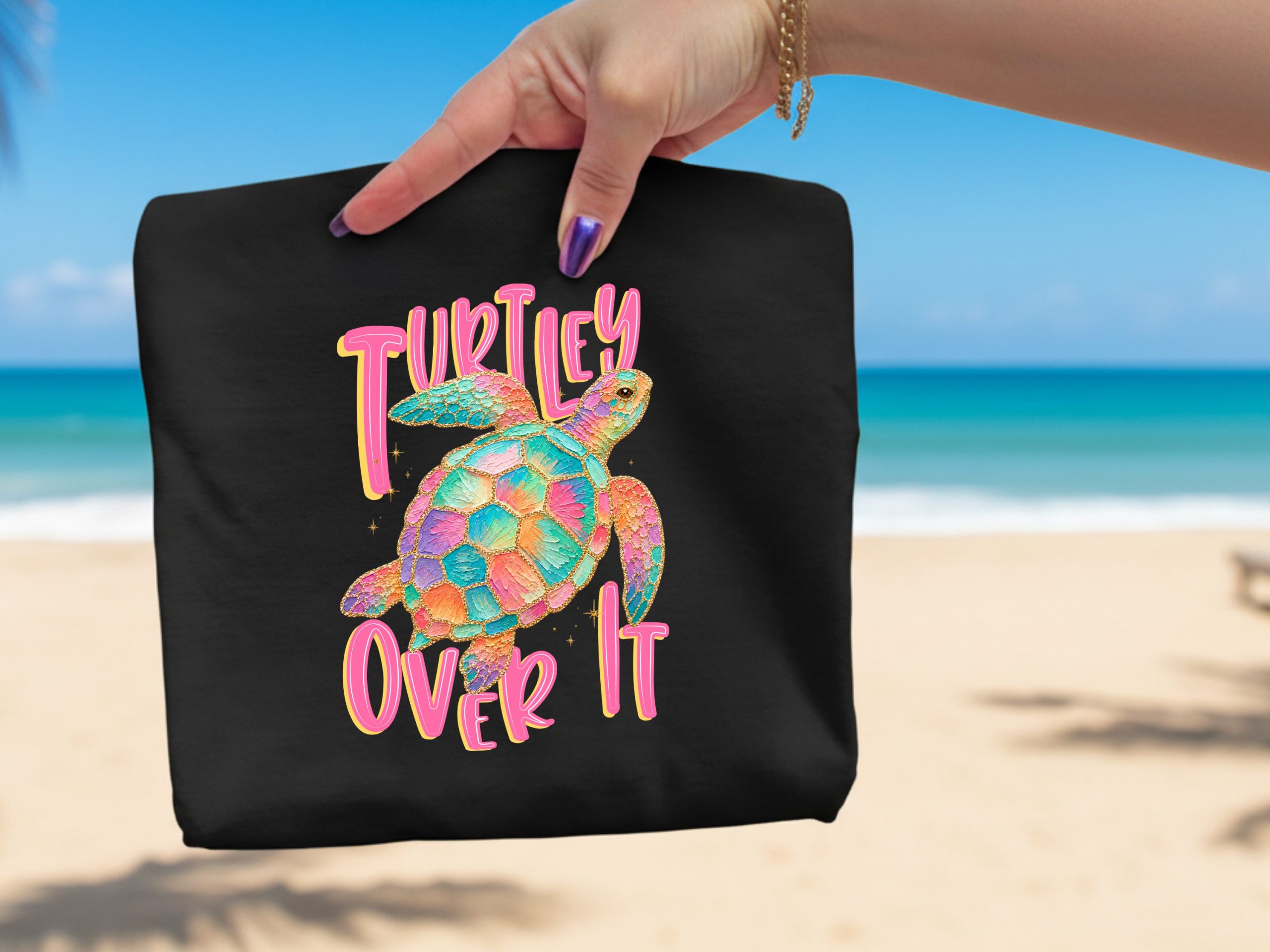 Turtley Over It T-Shirt, Faux Glitter Sea Turtle Tee, Sarcastic Beach Shirt, Colorful Ocean Lover Gift, Summer Vacation Top - Image 2