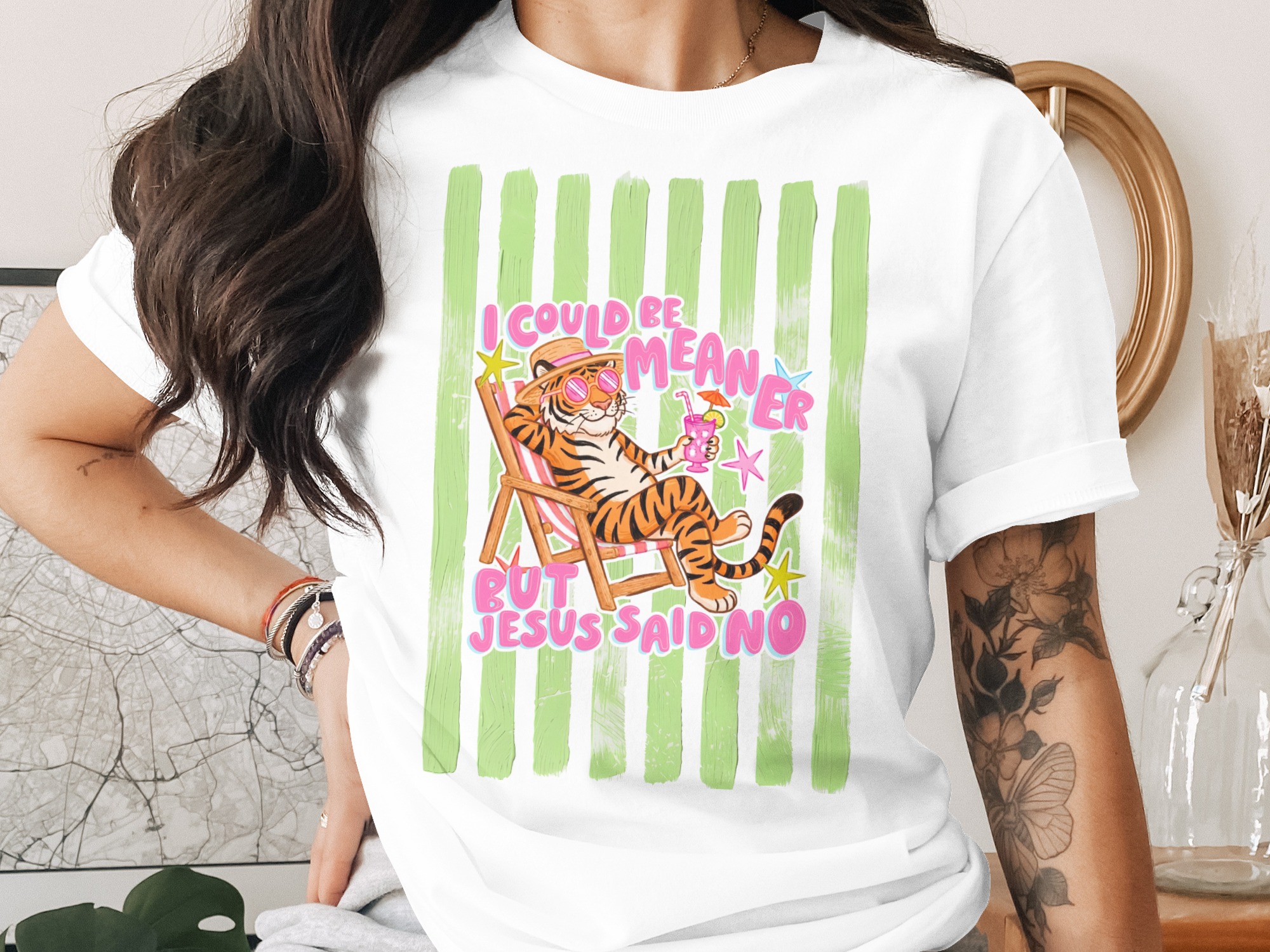 Comfort Colors® I Could Be Meaner But Jesus Said No T-Shirt, Funny Christian Meme Shirt, Sarcastic Tiger Beach Vacation Tee, Witty Gift For