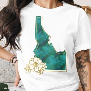 Idaho Watercolor T-Shirt, Faux Gold Floral Idaho State Outline Tee, Nature Lover Gift, Women's Idaho Souvenir Shirt, Rustic Chic Graphic Tee
