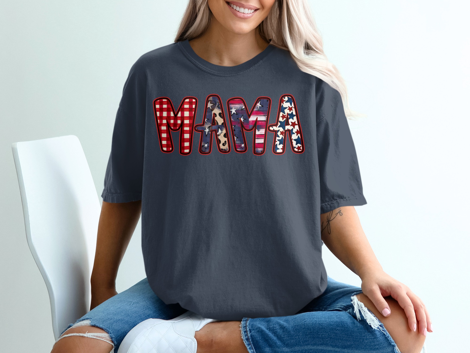 Patriotic Mama T-Shirt, Western Mama Shirt with Leopard Print, Buffalo Plaid Mama Gift, American Flag Star Mom Tee for Mother's Day - Image 12