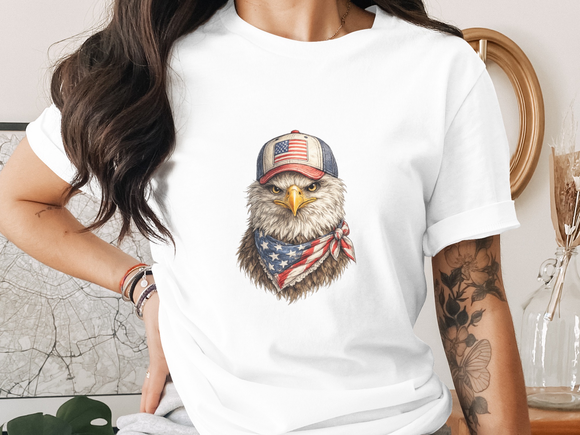 Patriotic Bald Eagle with American Flag Cap T-Shirt