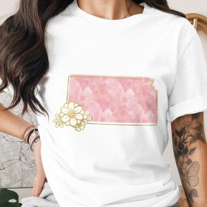 Pink Watercolor T-Shirt with Faux Gold Floral Outline | Aesthetic Blossom Graphic Tee | Elegant Cottagecore Style Gift for Her