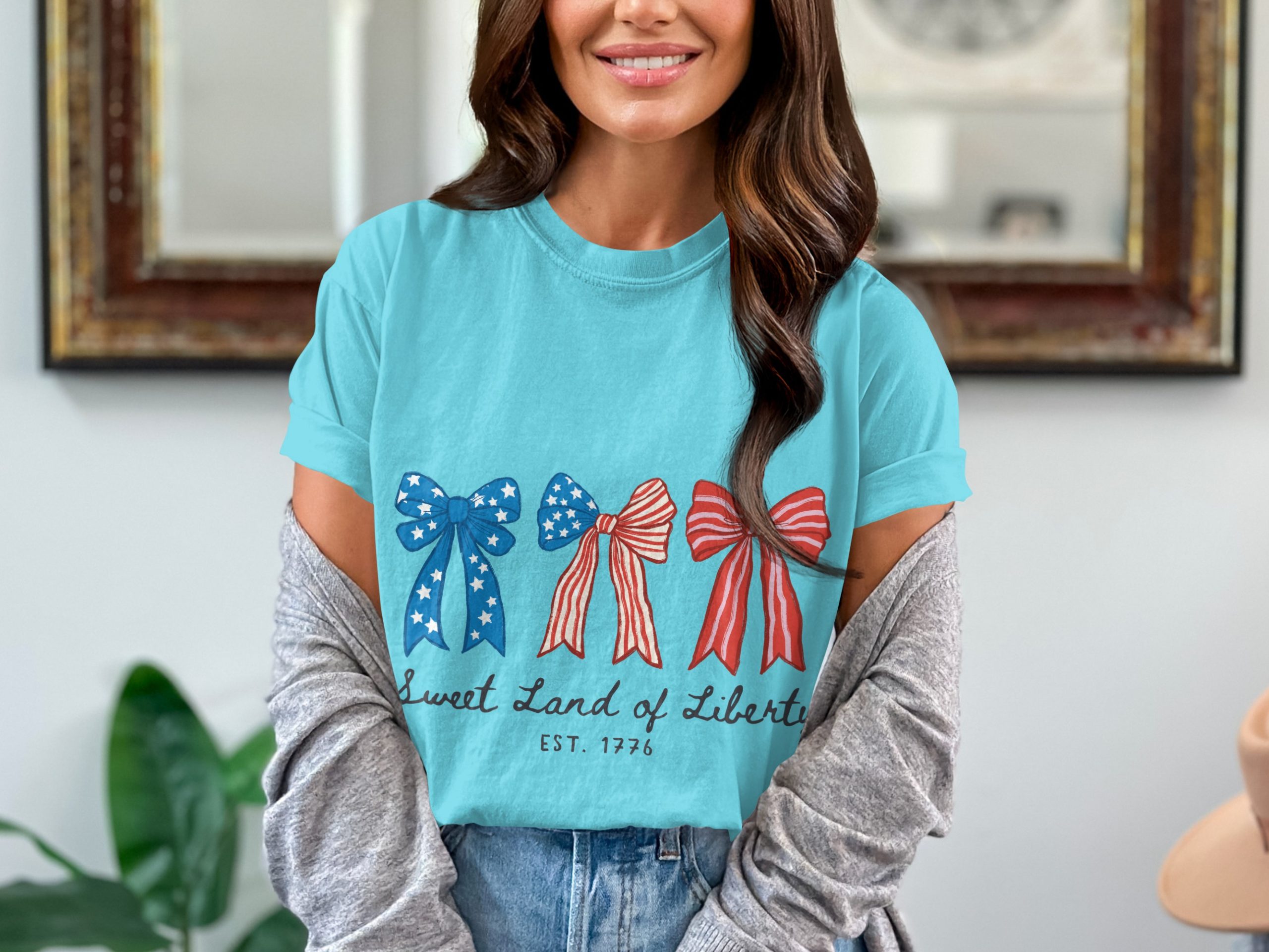 Patriotic Bows T-Shirt, Sweet Land of Liberty Shirt, 4th of July Tee, Distressed Americana Shirt, Vintage Style USA Top, Independence Day - Image 7