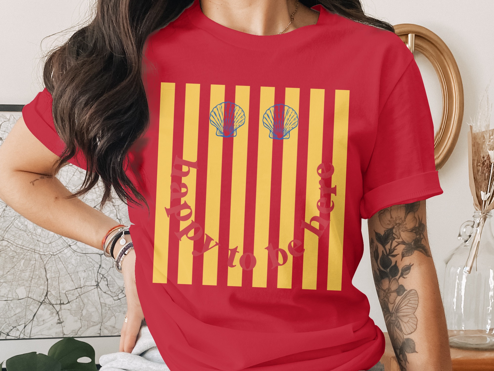 Happy To Be Here T-Shirt, Retro Smiley Face Beach Tee, Seashell Stripe Summer Vacation Shirt, Positive Vibes Graphic Top - Image 4