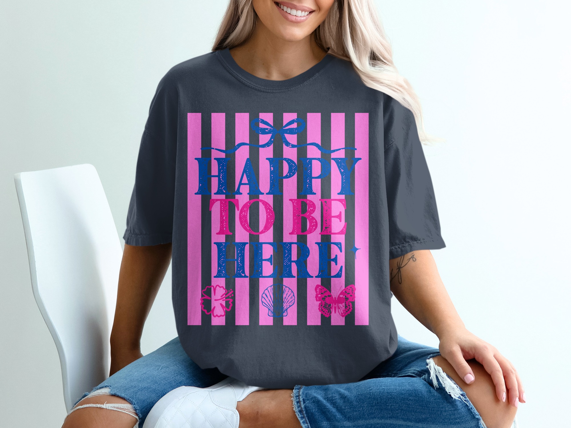 Happy To Be Here T-shirt | Barbiecore Aesthetic Tee | Pink & Blue Summer Vacation Shirt | Positive Vibes Travel Tee Gift for Her - Image 12