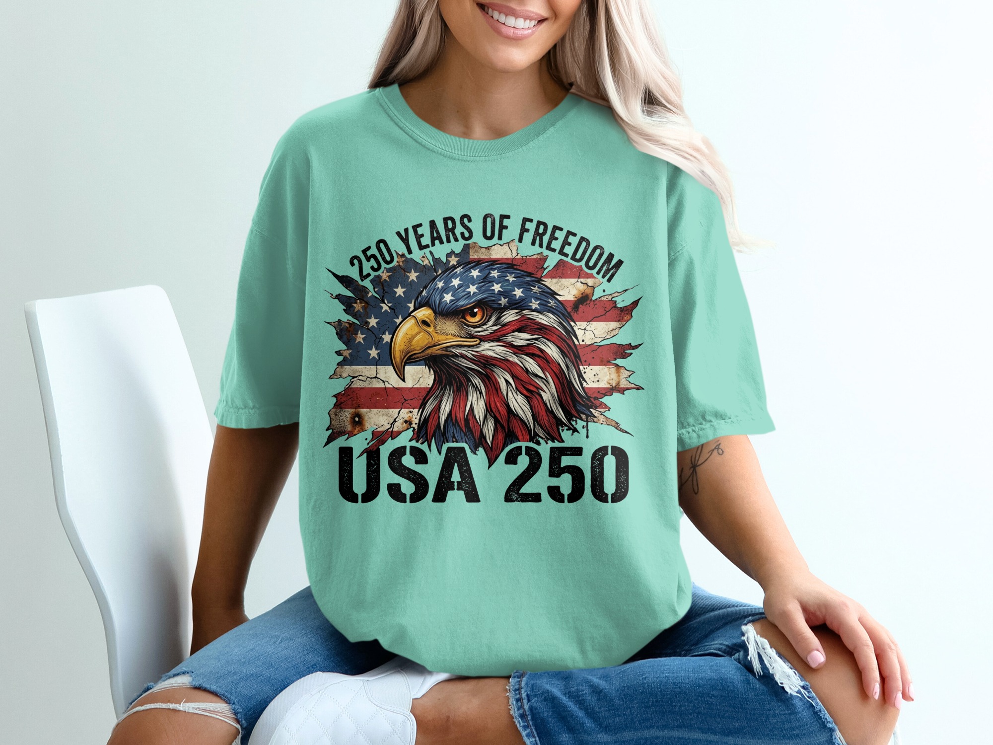 Patriotic American Eagle T-Shirt, USA 250 Years of Freedom Flag Tee, Distressed Heritage Commemorative Independence Day Shirt - Image 10