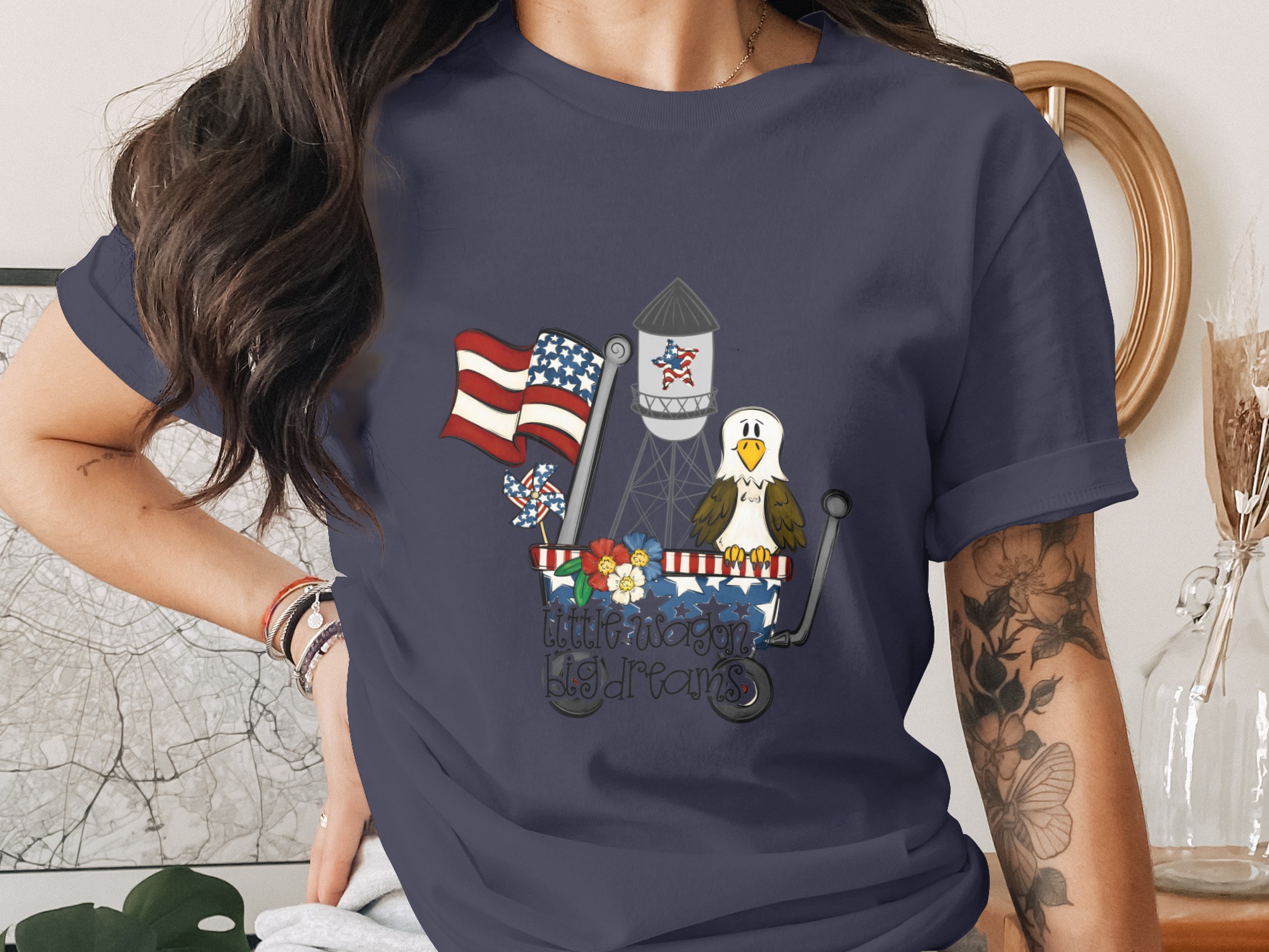 Patriotic T-Shirt Americana Eagle Flag Design, Little Wagon Big Dreams Tee, 4th of July Outfit, Memorial Day Gift for Her - Image 3