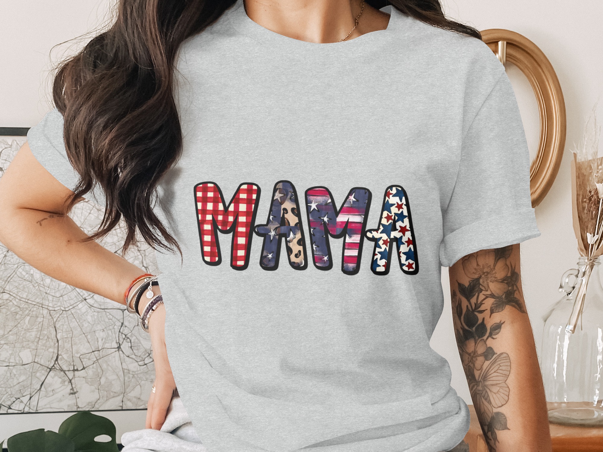 Patriotic Mama T-Shirt, American Flag Gingham Leopard Print Mom Life Tee, Distressed USA Stars Fourth of July Gift - Image 2