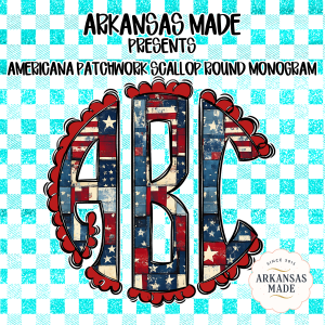 Americana Patchwork Scallop Round Monogram Alpha PNGs, Distressed Patriotic Flag Letters, 4th of July Sublimation Design, Digital Download