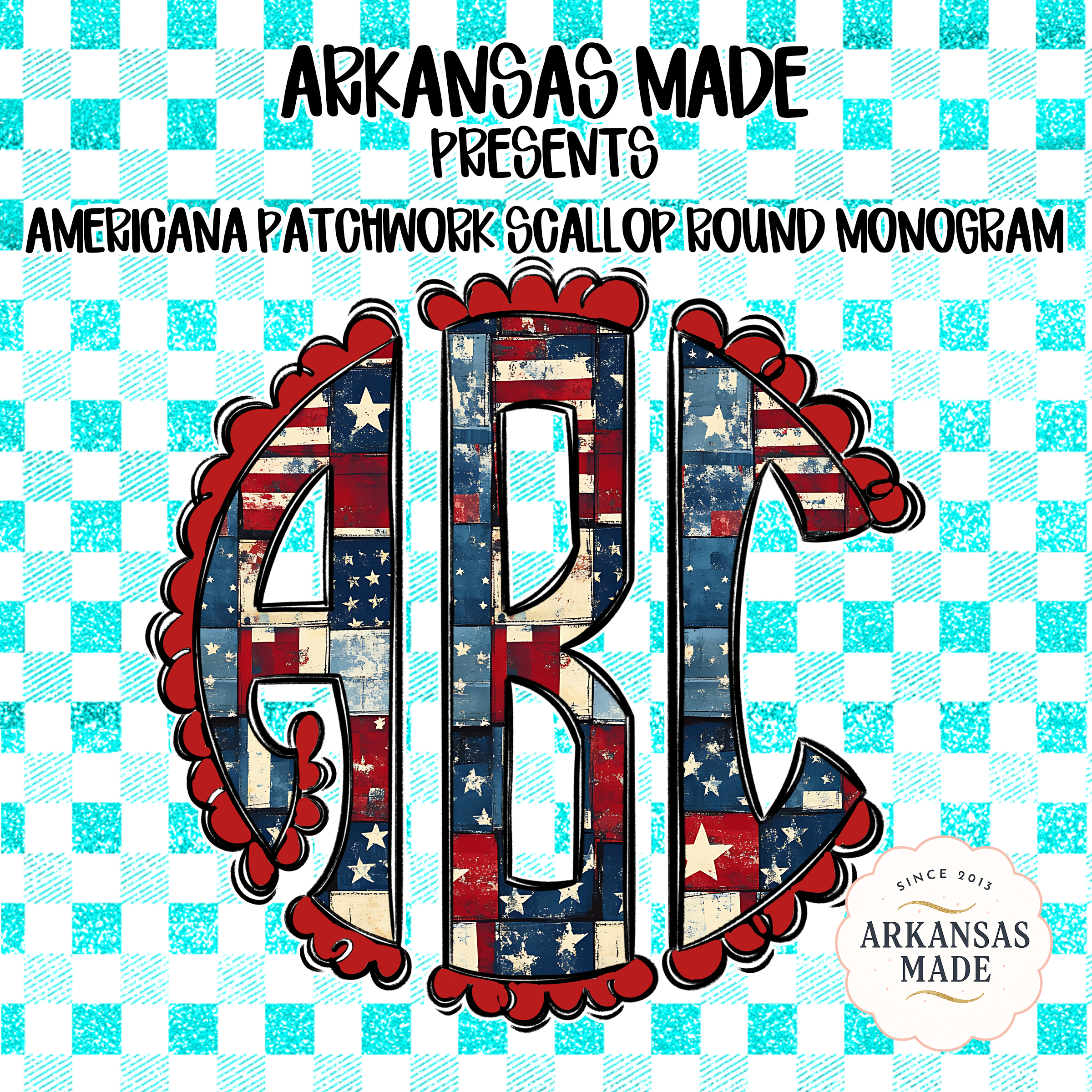 Americana Patchwork Scallop Round Monogram Alpha PNGs, Distressed Patriotic Flag Letters, 4th of July Sublimation Design, Digital Download