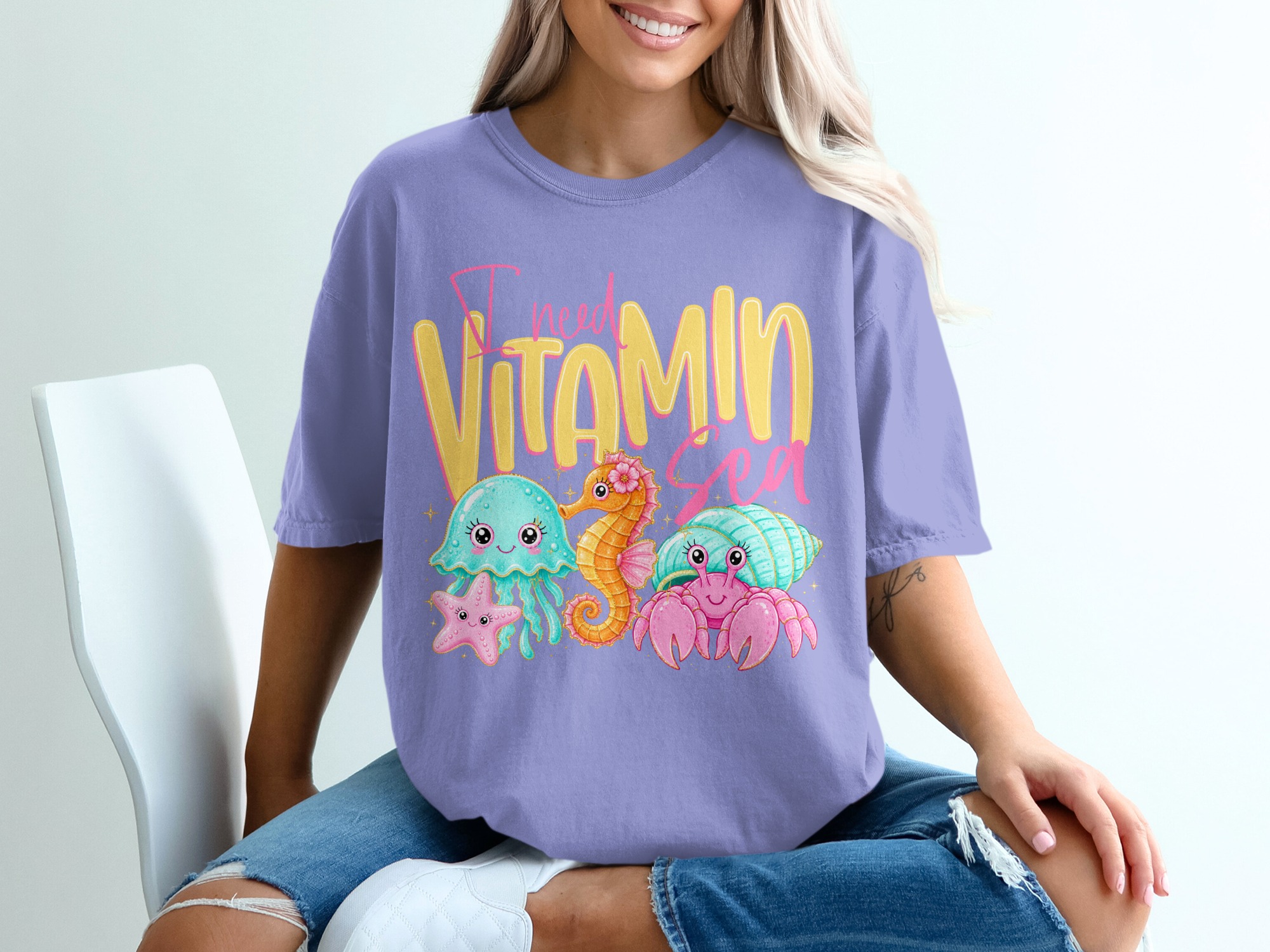 Vitamin Sea T-Shirt, Cute Ocean Lover Tee, Kawaii Beach Vacation Shirt, Faux Glitter Sea Creature Top, Summer Vibes Gift for Her - Image 18