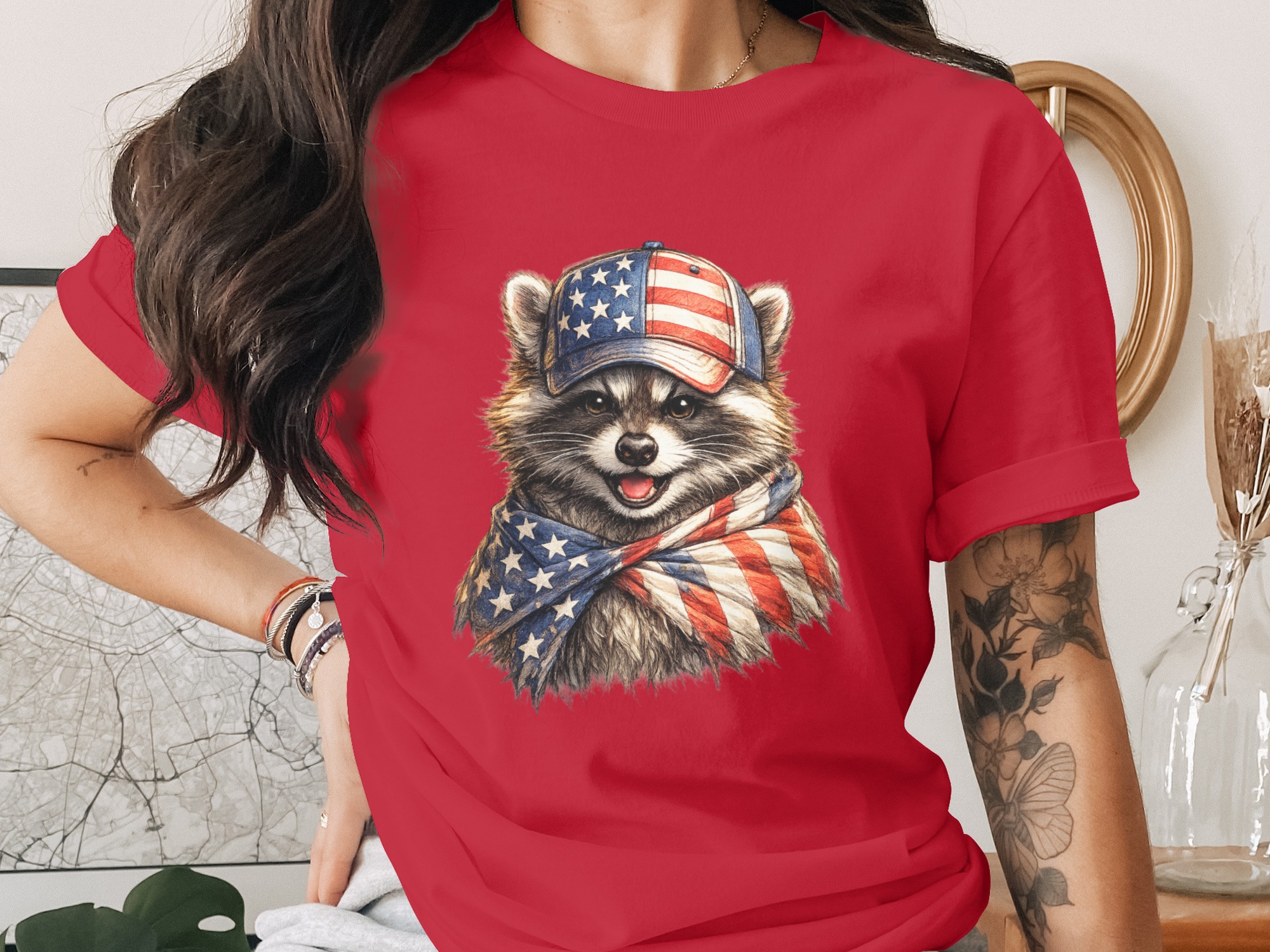 Patriotic Raccoon T-Shirt - American Flag Design - Image 2