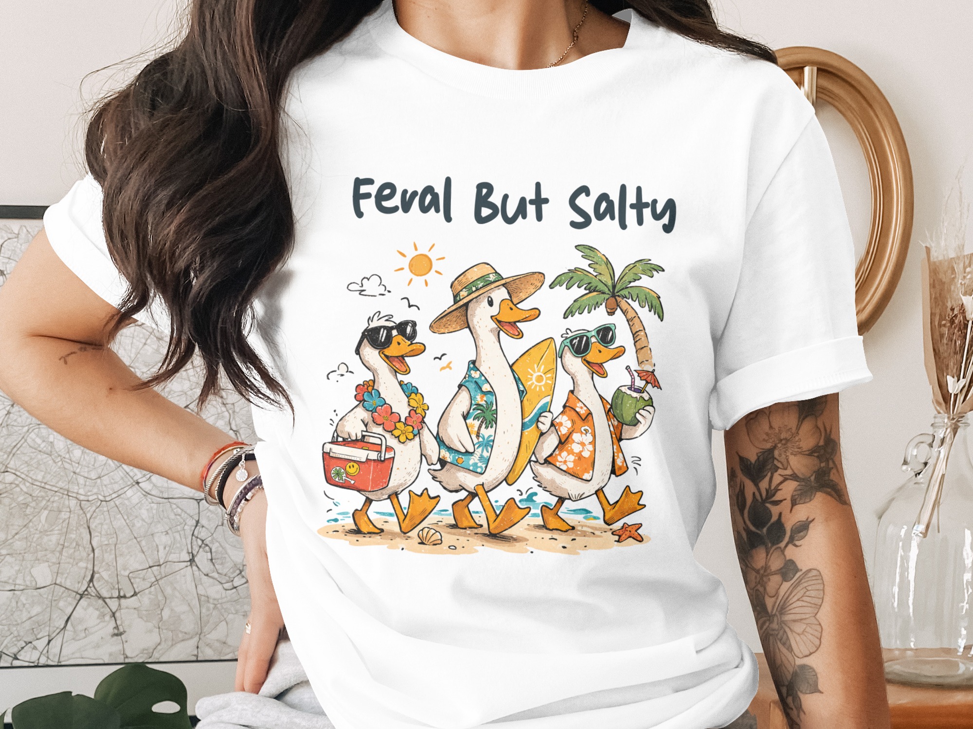 Feral But Salty Ducks Beach Vacation T-Shirt, Funny Summer Tropical Tee, Humorous Hawaiian Surf Coastal Party Shirt, Beach Bum Gift Idea