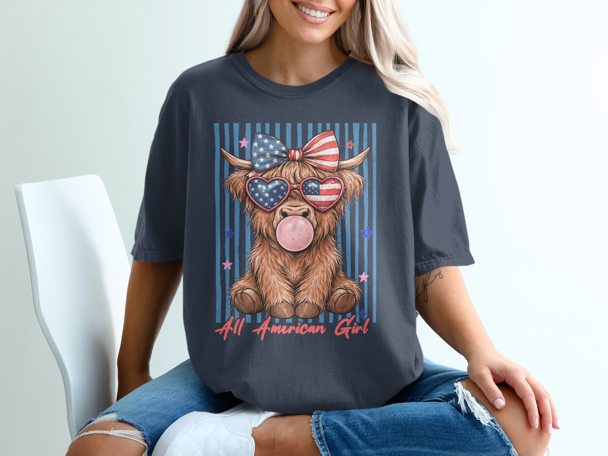 Comfort Colors® Highland Cow T-Shirt, All American Girl Patriotic Summer Tee, Cute 4th of July Western Cowgirl Gift for Her. - Image 12