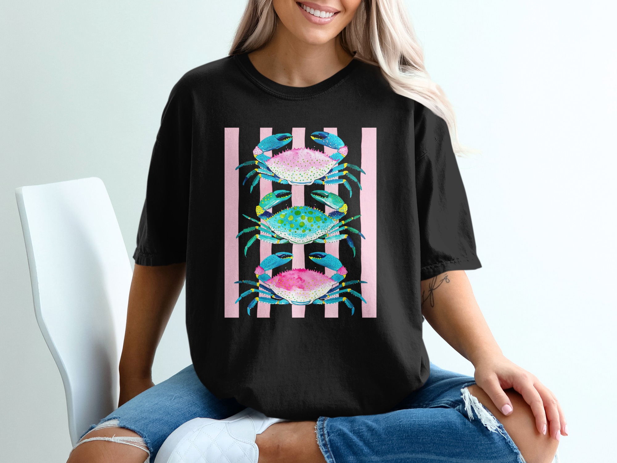 Preppy Crab T-Shirt, Comfort Colors ® Watercolor Nautical Beachy Tee, Bright Coastal Ocean Life Top, Whimsical Summer Gift for Her - Image 2