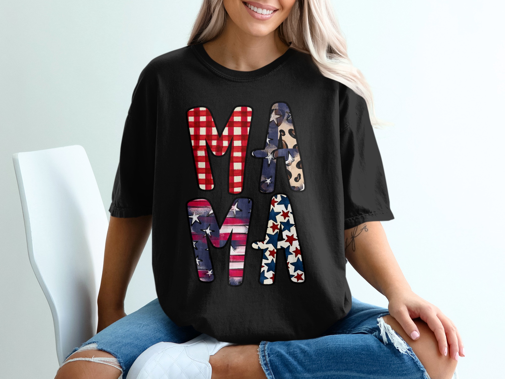 Patriotic Mama T-Shirt, Distressed Flag & Leopard Print Stars Tee, Buffalo Plaid Americana Mom Life Gift - Image 8