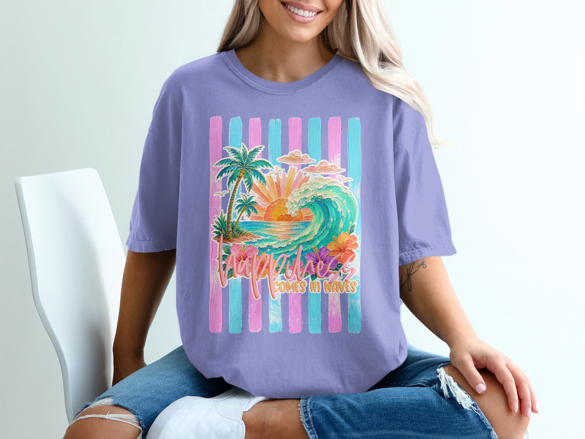 Comfort Colors ® Happiness Comes in Waves T-Shirt, Tropical Sunset Beach Wave Graphic Tee, Vacation Shirt, Ocean Lover Gift for Her, Summer - Image 18