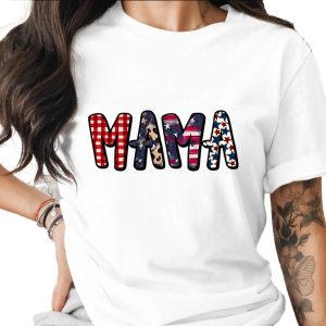 Patriotic Mama T-Shirt, American Flag Gingham Leopard Print Mom Life Tee, Distressed USA Stars Fourth of July Gift