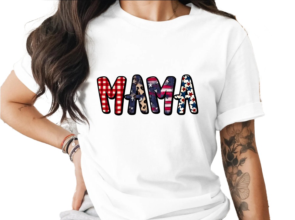 Patriotic Mama T-Shirt, American Flag Gingham Leopard Print Mom Life Tee, Distressed USA Stars Fourth of July Gift