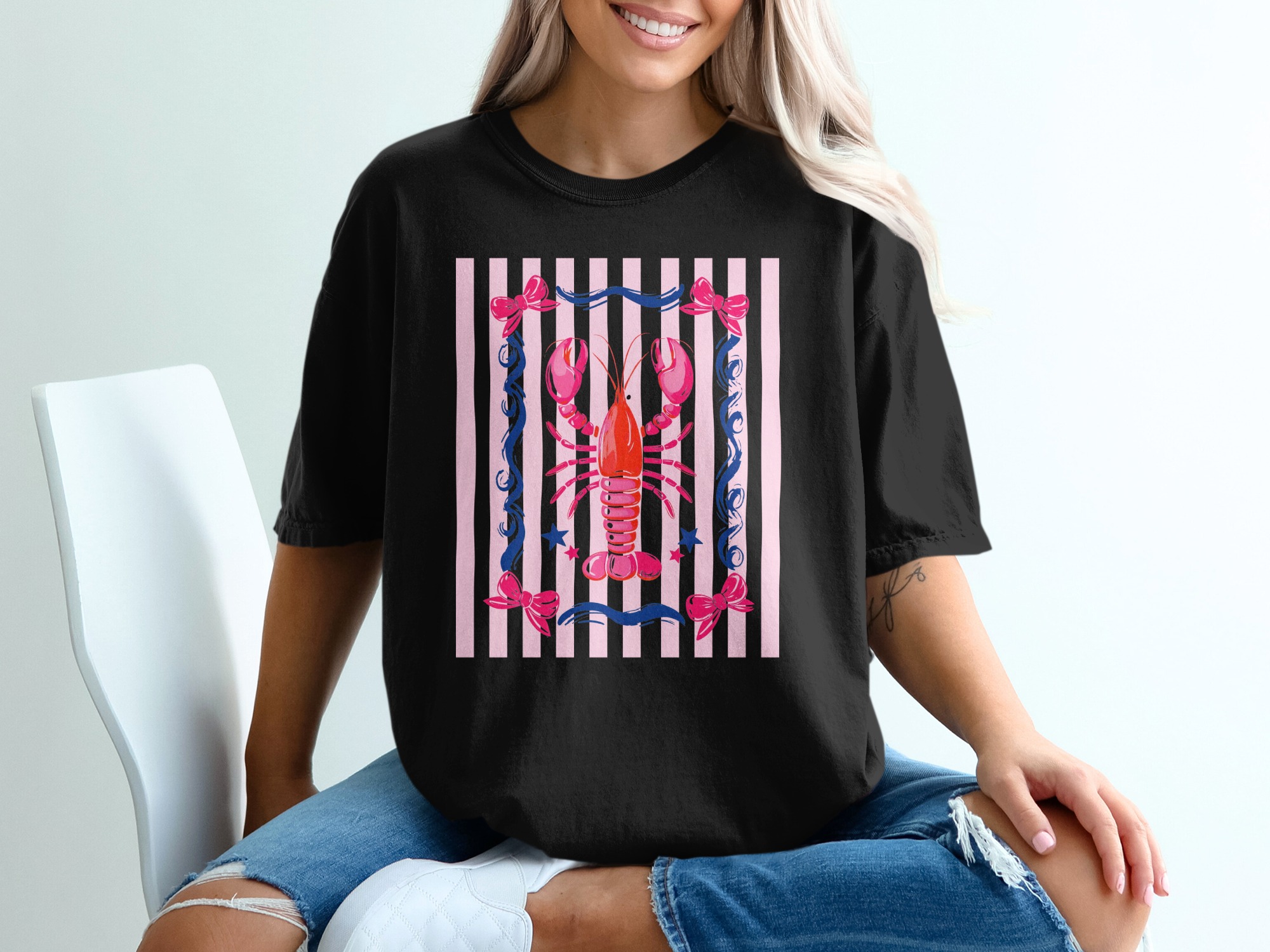 Vibrant Lobster T-Shirt, Preppy Coastal Graphic Tee, Pink Bow Nautical Summer Shirt, Whimsical Ocean Lover Top, Vacation Beach Gift for Her - Image 5