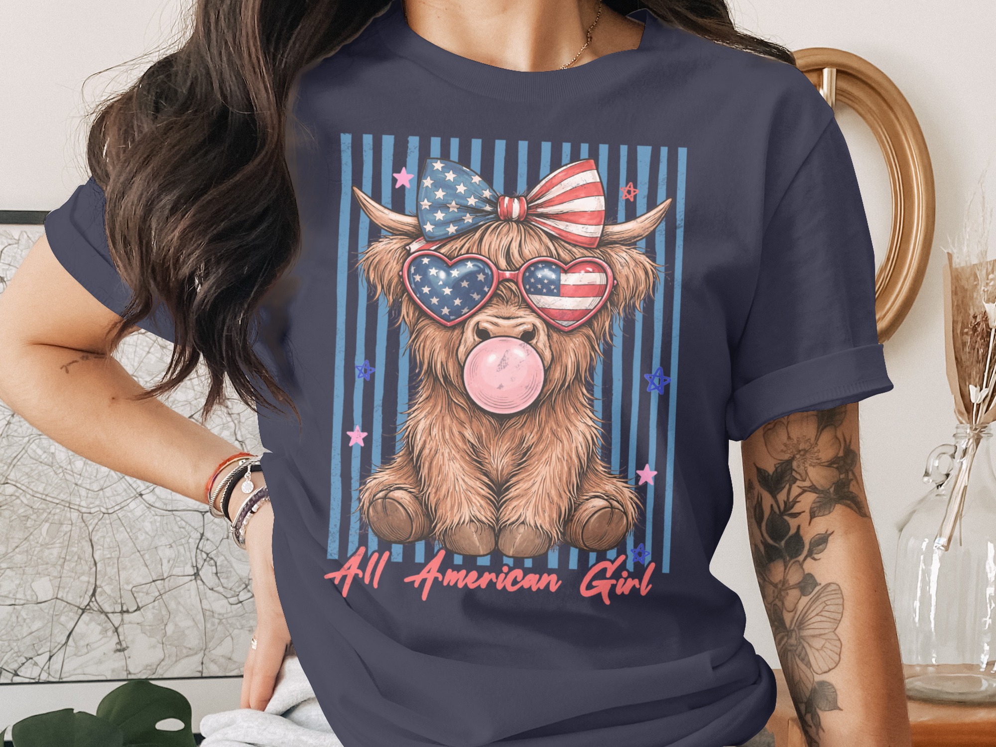 Comfort Colors® Highland Cow T-Shirt, All American Girl Patriotic Summer Tee, Cute 4th of July Western Cowgirl Gift for Her. - Image 3