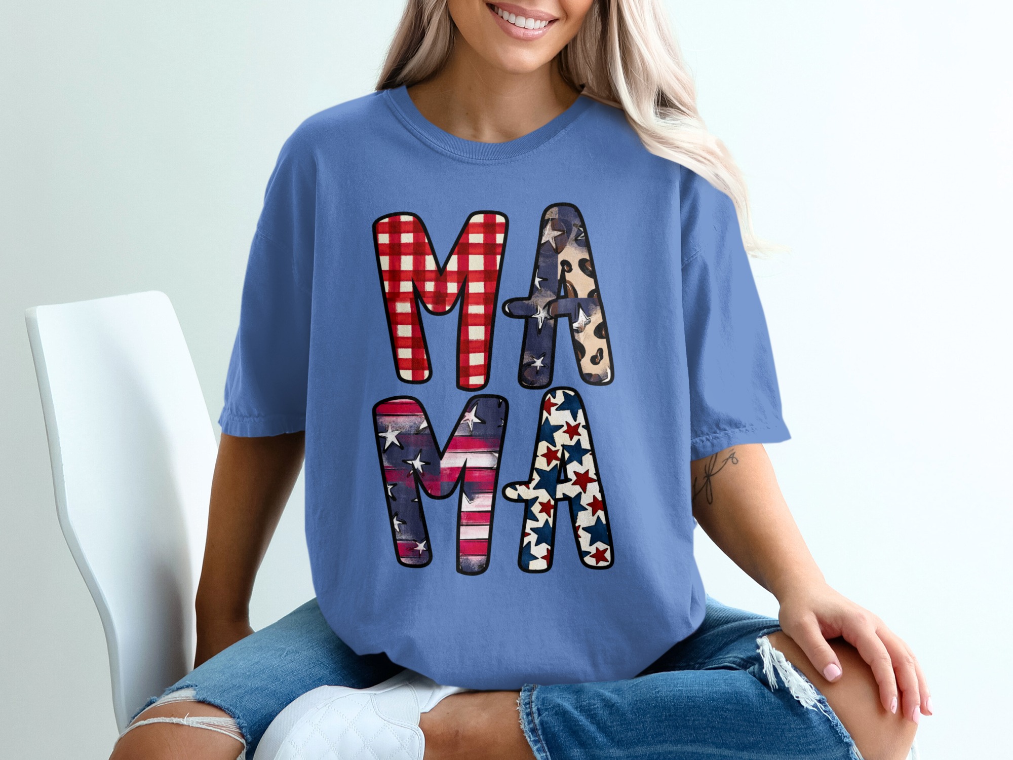 Patriotic Mama T-Shirt, Distressed Flag & Leopard Print Stars Tee, Buffalo Plaid Americana Mom Life Gift - Image 20