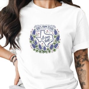 Texas Bluebonnet T-Shirt, She's From Texas I Can Tell Shirt, State Outline Floral Tee, Texas Pride Gift for Her