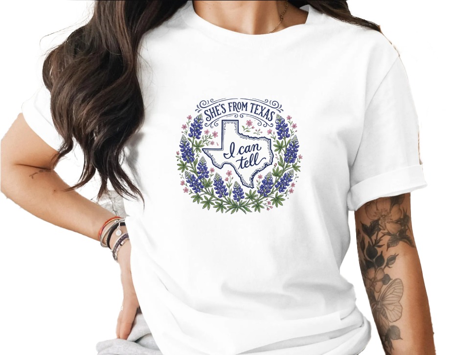 Texas Bluebonnet T-Shirt, She's From Texas I Can Tell Shirt, State Outline Floral Tee, Texas Pride Gift for Her