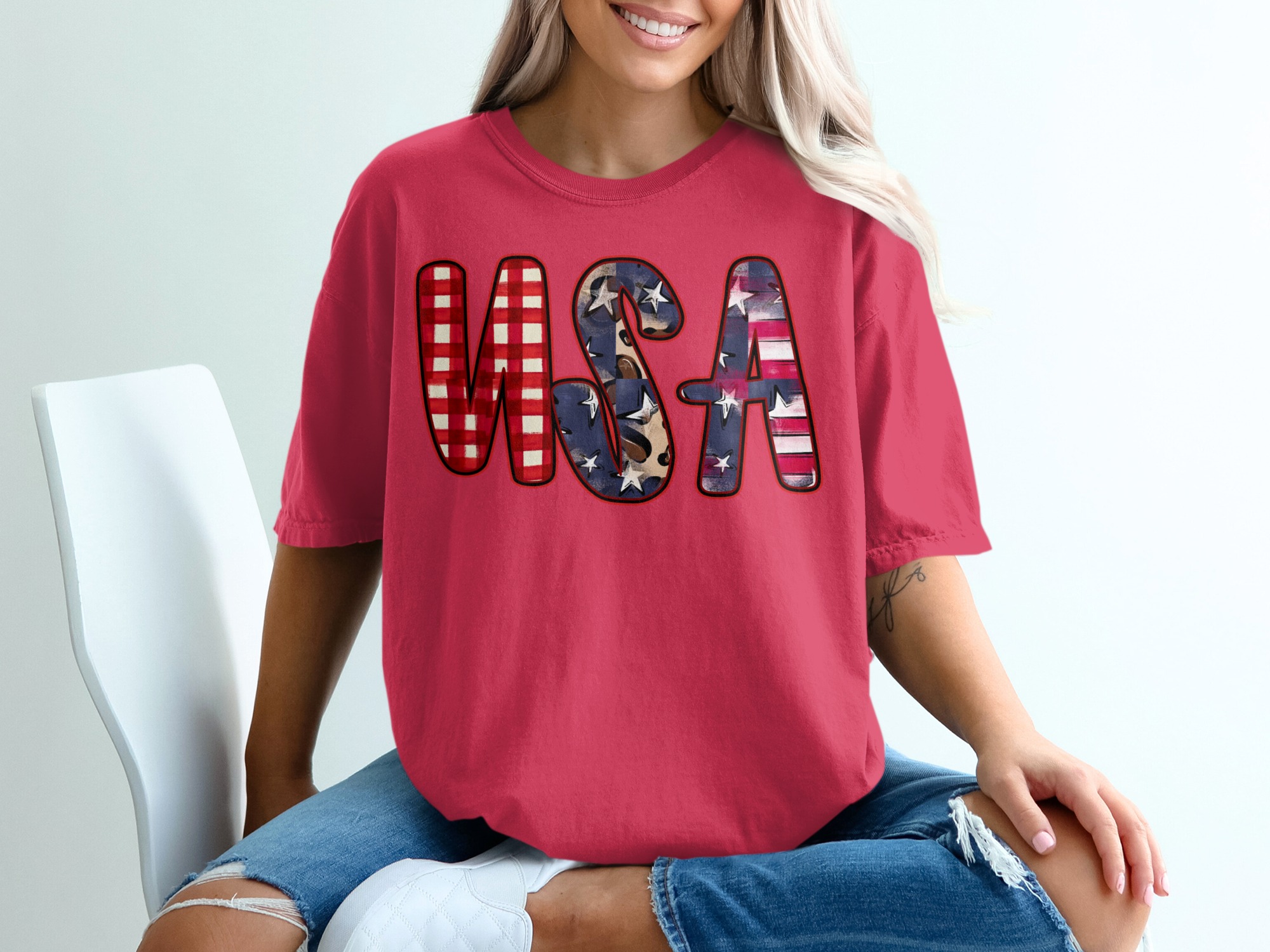 USA T-Shirt, Patriotic 4th of July Shirt, Distressed Buffalo Plaid Leopard Print America Tee, Memorial Day Gift for Her - Image 14