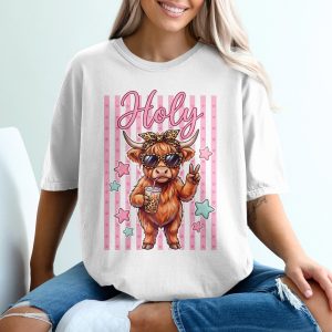 Holy Sassy Highland Cow Iced Coffee Comfort Colors ® T-Shirt, Leopard Print Bandana Peace Sign Fluffy Cow Tee, Trendy Farm Animal Shirt