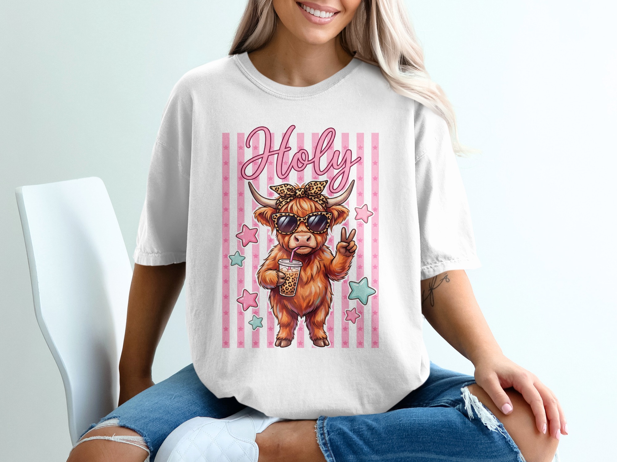 Holy Sassy Highland Cow Iced Coffee Comfort Colors ® T-Shirt, Leopard Print Bandana Peace Sign Fluffy Cow Tee, Trendy Farm Animal Shirt