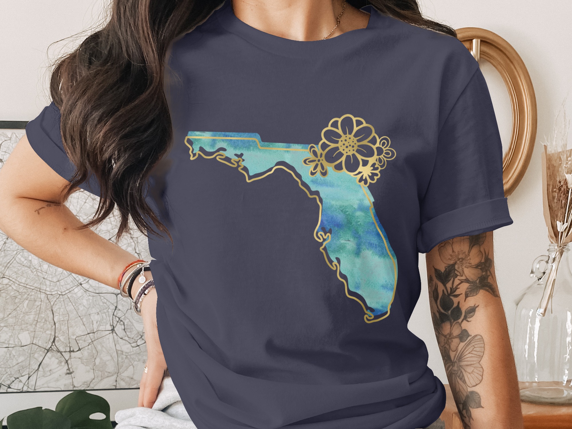 Watercolor Florida T-Shirt with Faux Gold Floral Outline | Coastal Florida State Tee | Florida Lover Gift for Women | Vacation Travel Shirt - Image 2