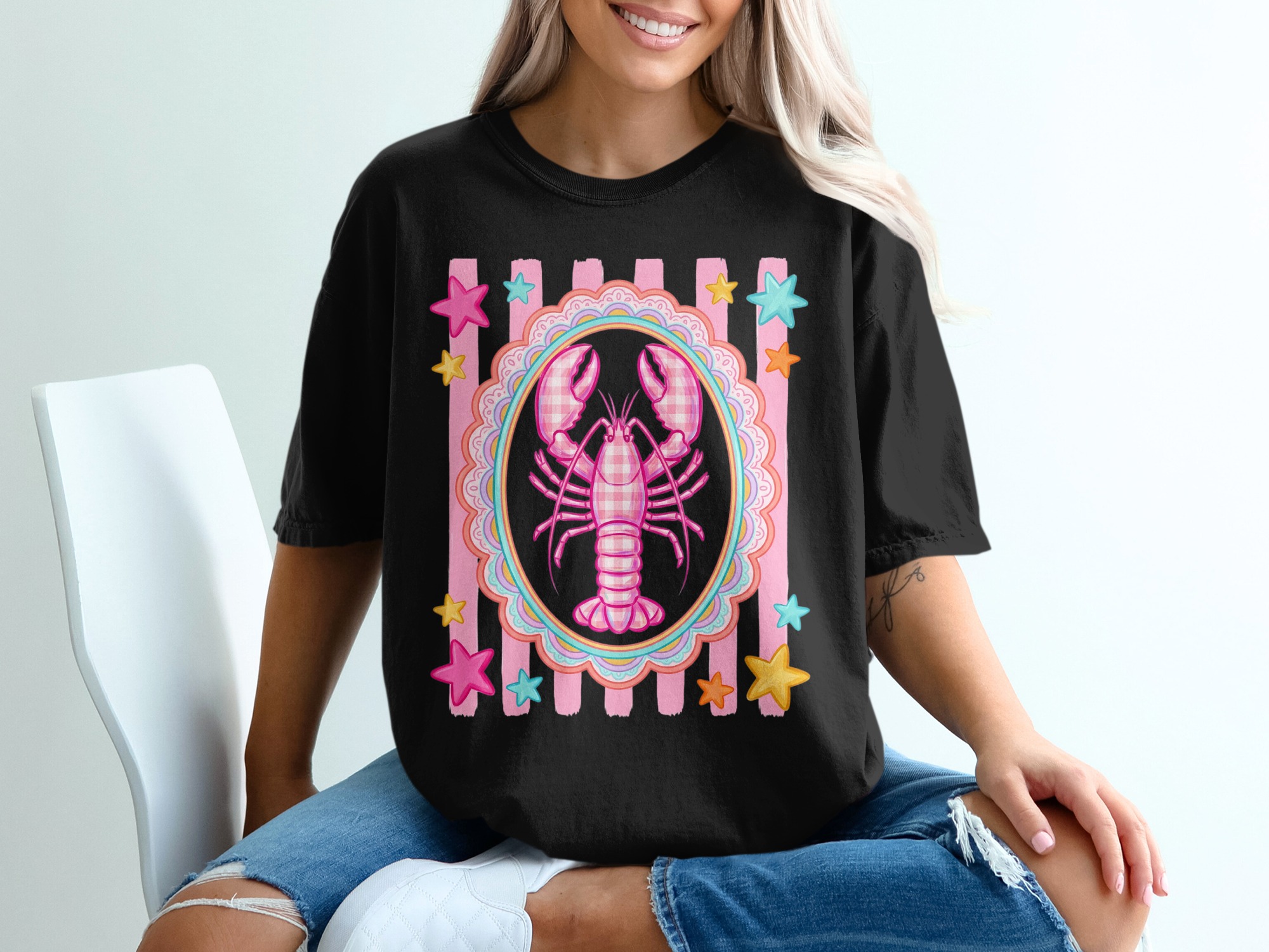 Comfort Colors® Lobster T-Shirt, Cute Pink Gingham Lobster Tee, Coquette Aesthetic Top, Whimsical Summer Beach, Coastal Cowgirl, Preppy - Image 8