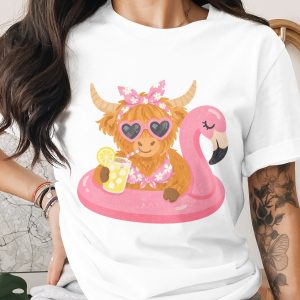 Relaxed Highland Cow Summer Tee with Flamingo Float