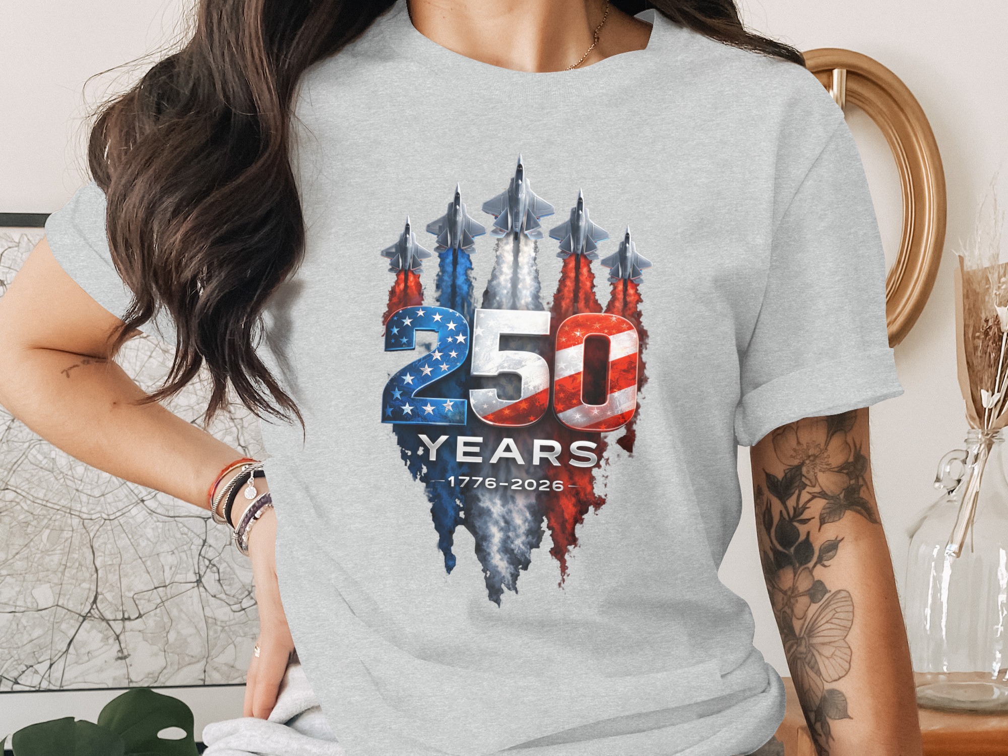 250 Years American Anniversary T-Shirt | Patriotic USA 1776-2026 Celebration Tee | Military Jet Flag Design Gift - Image 2