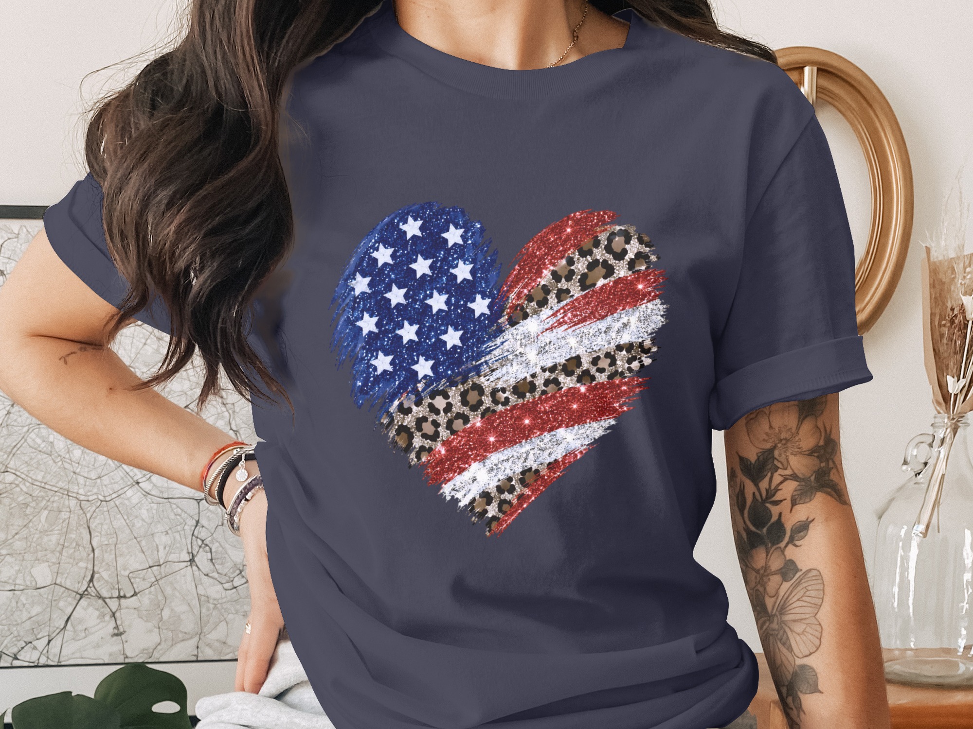 Comfort Colors® Patriotic Leopard Heart T-Shirt, American Flag Glitter Tee, 4th of July Shirt, Memorial Day, USA Pride, Trendy Gift for Her - Image 3