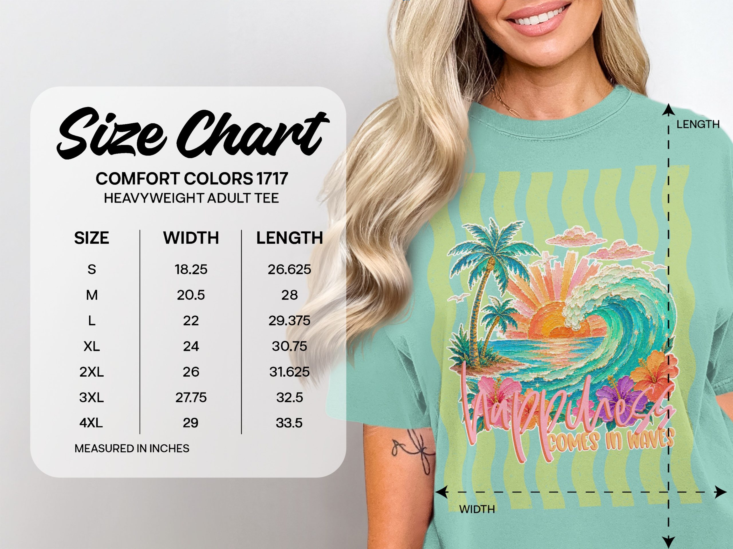 Comfort Colors® Happiness Comes In Waves T-Shirt, Coastal Beach Tee, Tropical Sunset Wave, Summer Vacation Shirt, Surfer Gift For Her - Image 5