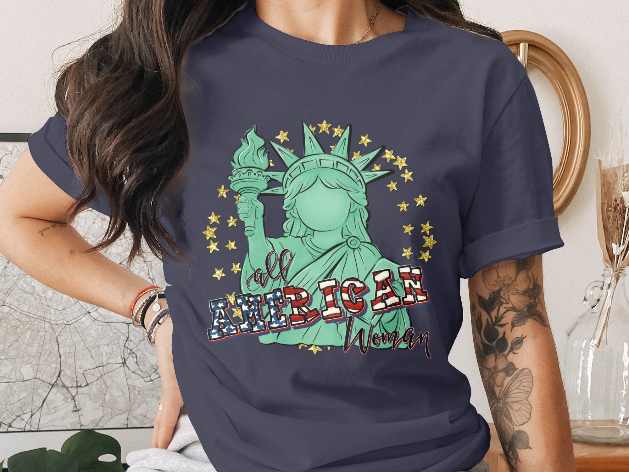 All American Woman T-Shirt, Patriotic Lady Liberty Tee, USA Pride Graphic Top, Fourth of July Outfit, Empowering Gift for Her - Image 3