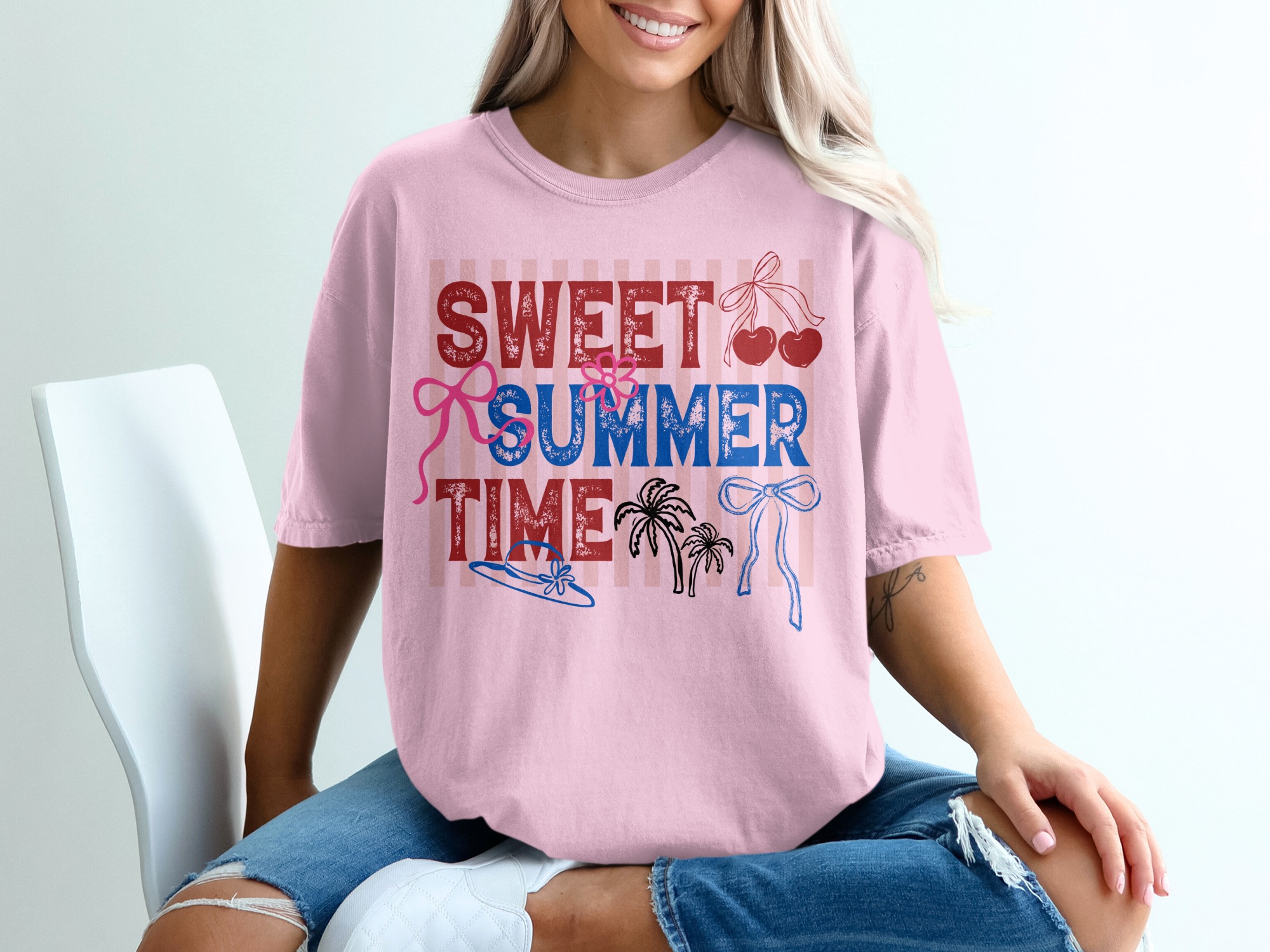 Sweet Summer Time T-Shirt, Retro Patriotic Summer Vibes Tee, Cherry Bow Palm Tree Shirt, Beach Vacation Outfit, Fourth of July Gift - Image 17