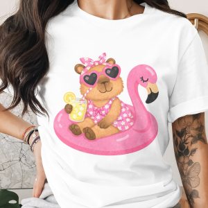 Relaxing Capybara Flamingo Float Summer T-Shirt