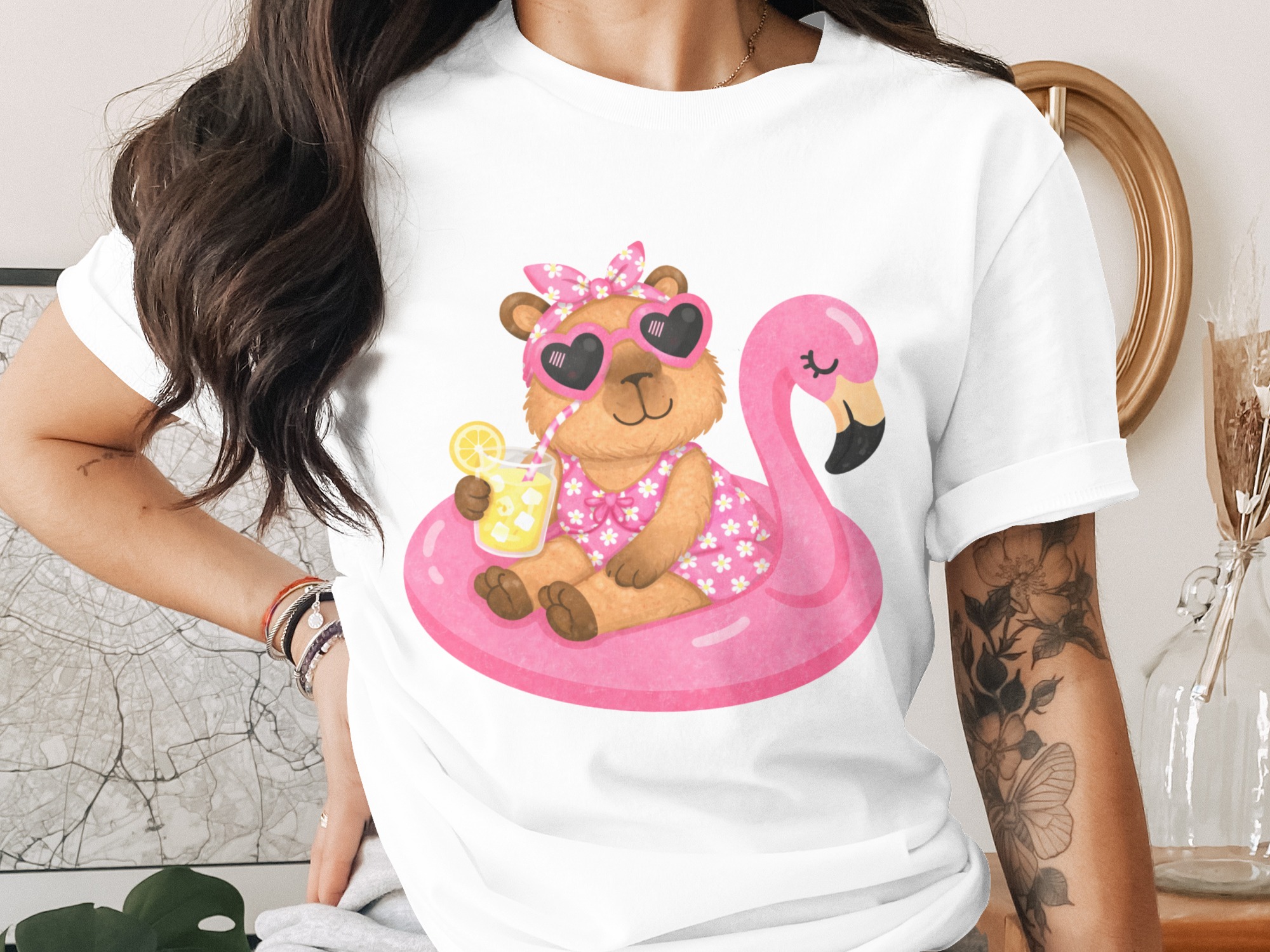 Relaxing Capybara Flamingo Float Summer T-Shirt
