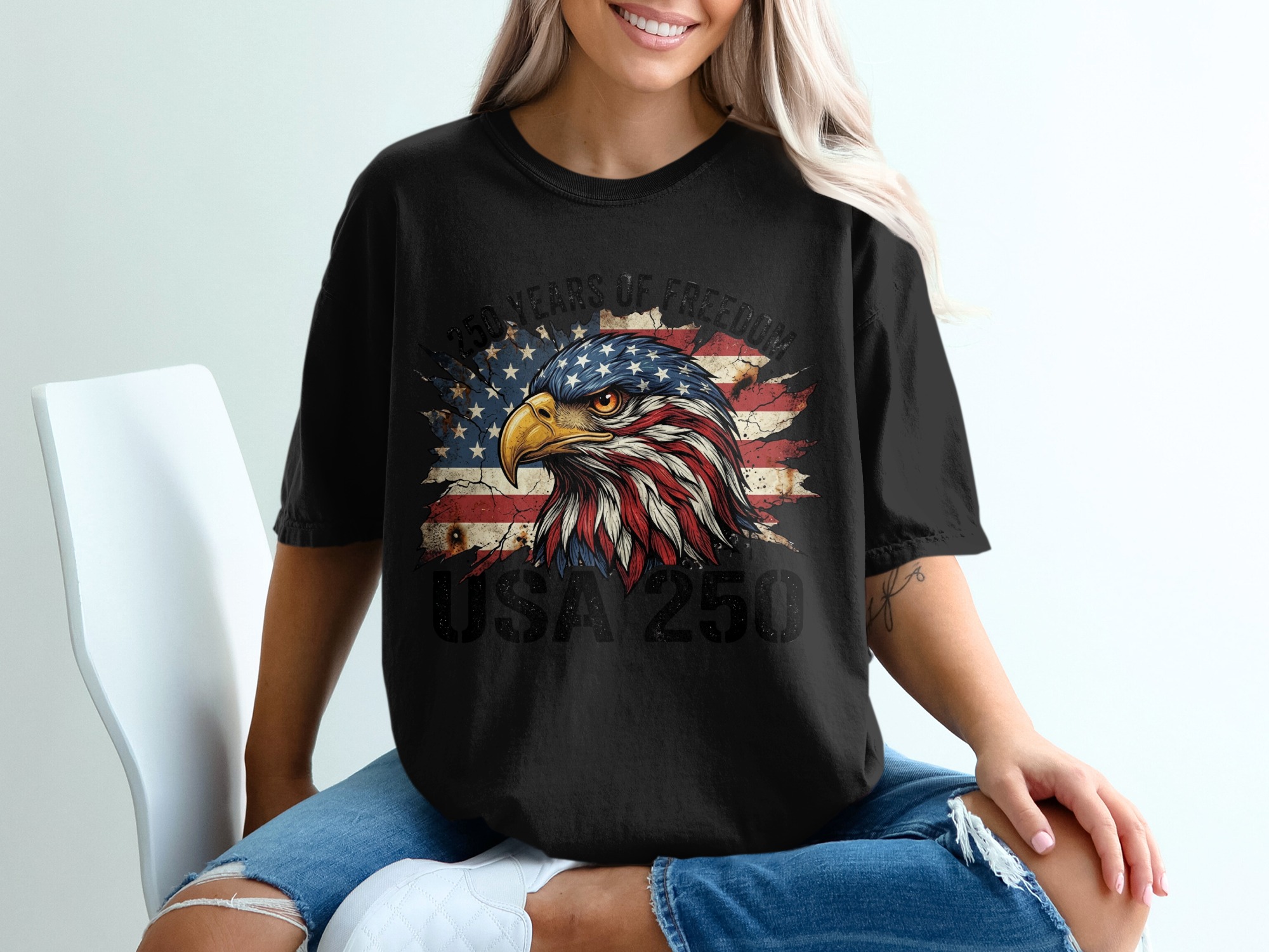 Patriotic American Eagle T-Shirt, USA 250 Years of Freedom Flag Tee, Distressed Heritage Commemorative Independence Day Shirt - Image 8