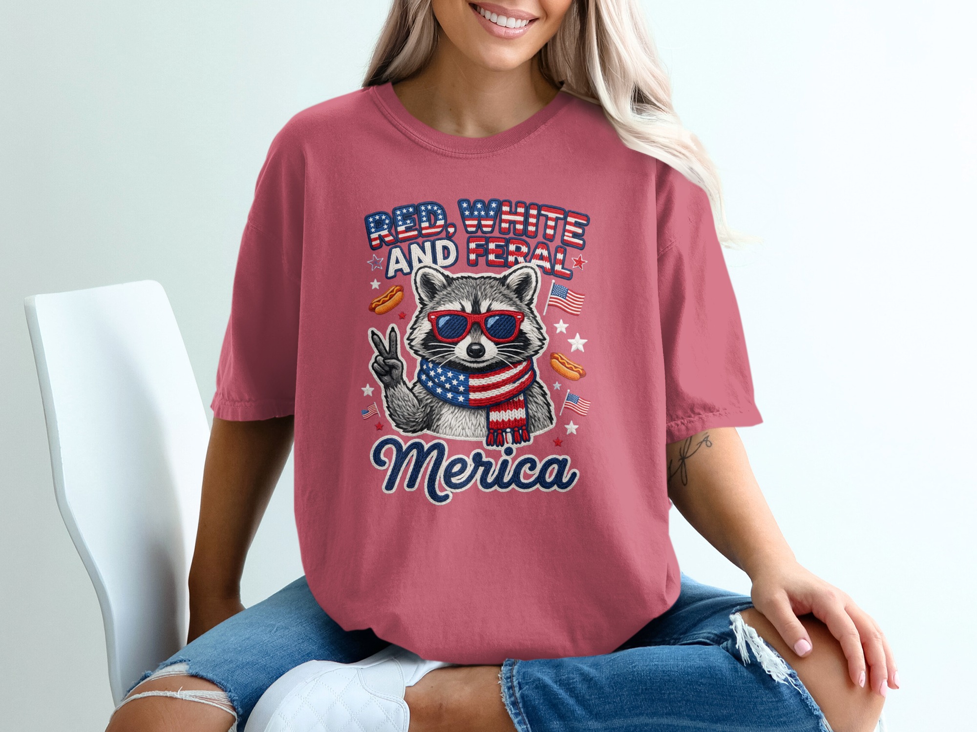 Red White and Feral Merica Raccoon T-Shirt, Funny Patriotic 4th of July Tee, American Flag Animal Shirt, Summer Party Gift - Image 15
