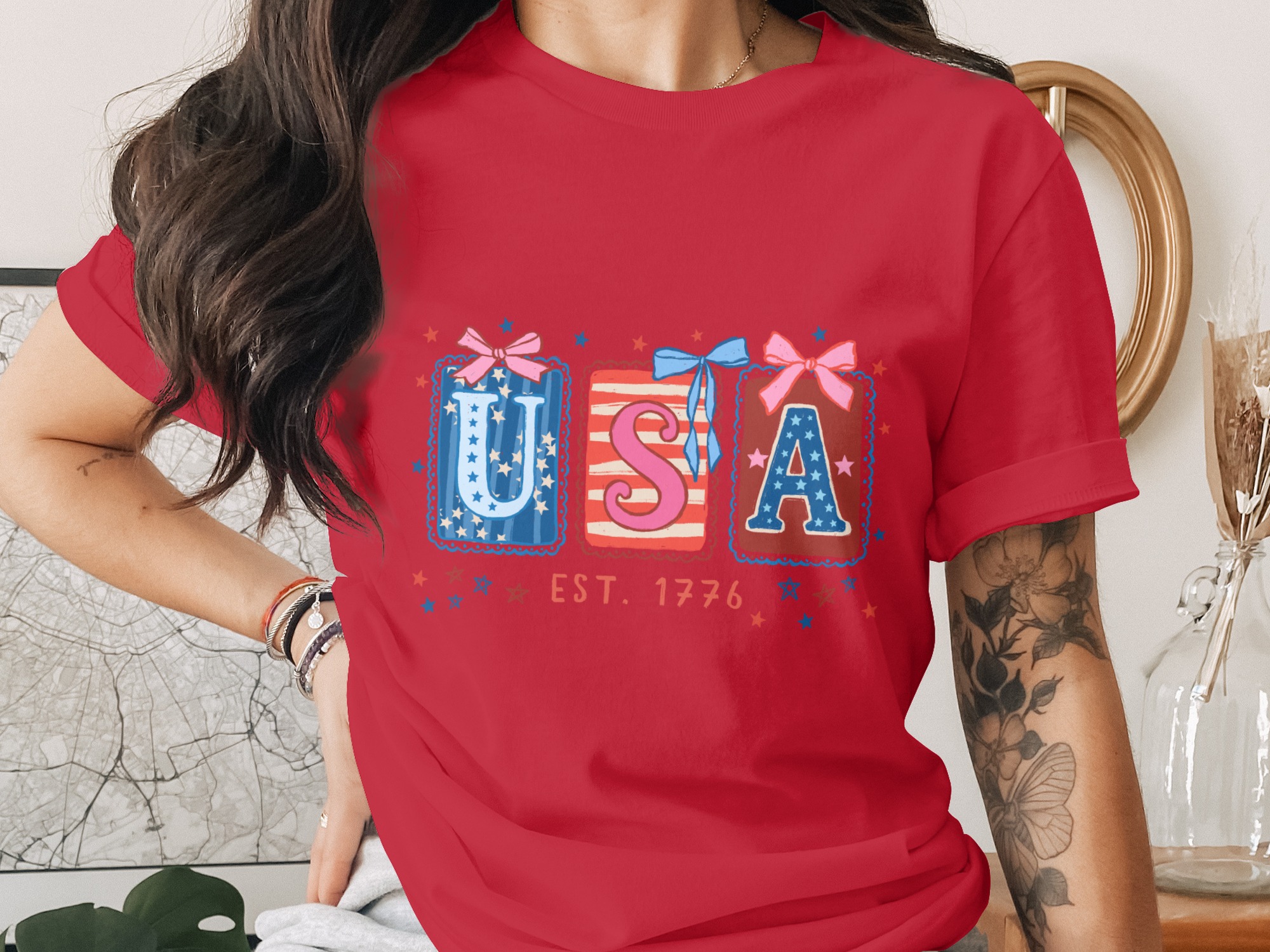Patriotic USA Est 1776 T-Shirt, Whimsical Americana Tee, Fourth of July Top, Vintage Independence Day Shirt for Her, Cute Stars & Stripes - Image 4