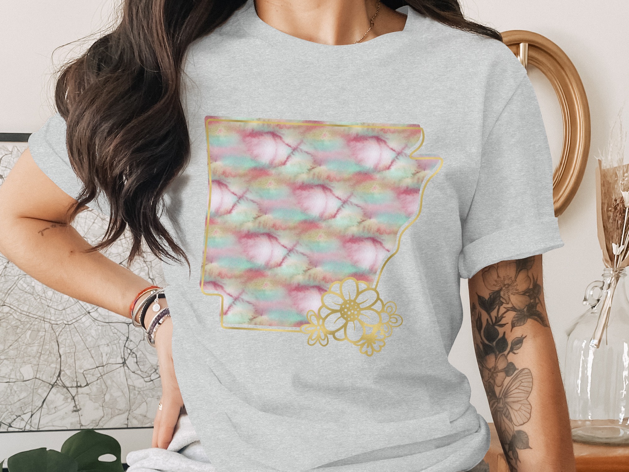 Arkansas Watercolor Flower T-Shirt, Faux Gold State Outline Tee, Boho Chic Floral Arkansas Gift for Her, Aesthetic Pink Teal Gold Top - Image 2