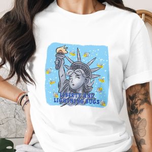 Liberty and Lightning Bugs T-Shirt, Whimsical Statue of Liberty Firefly Graphic Tee, Patriotic Summer Shirt Gift for Her